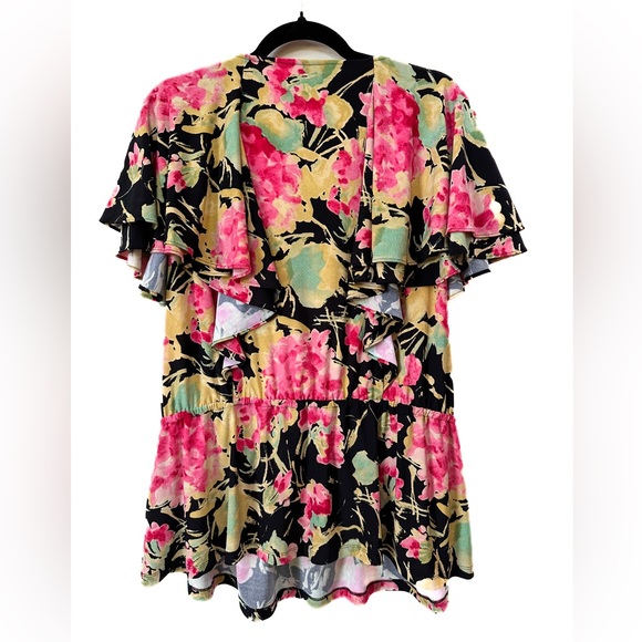 Lauren Ralph Lauren Black Label Floral Ruffle-Trim Top Black Multi - Picture 5 of 7